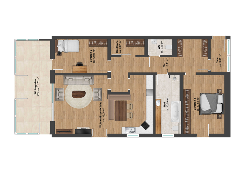 Schematischer Grundriss Wohnung-quer Terrassenwohnung Germering