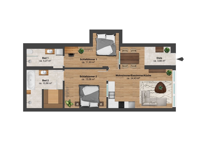 Grundriss-m�bliert Erdgeschosswohnung Miesbach