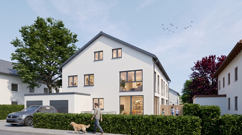 Vorderansicht seitlich mit Menschen Reihenmittelhaus M�nchen / Solln